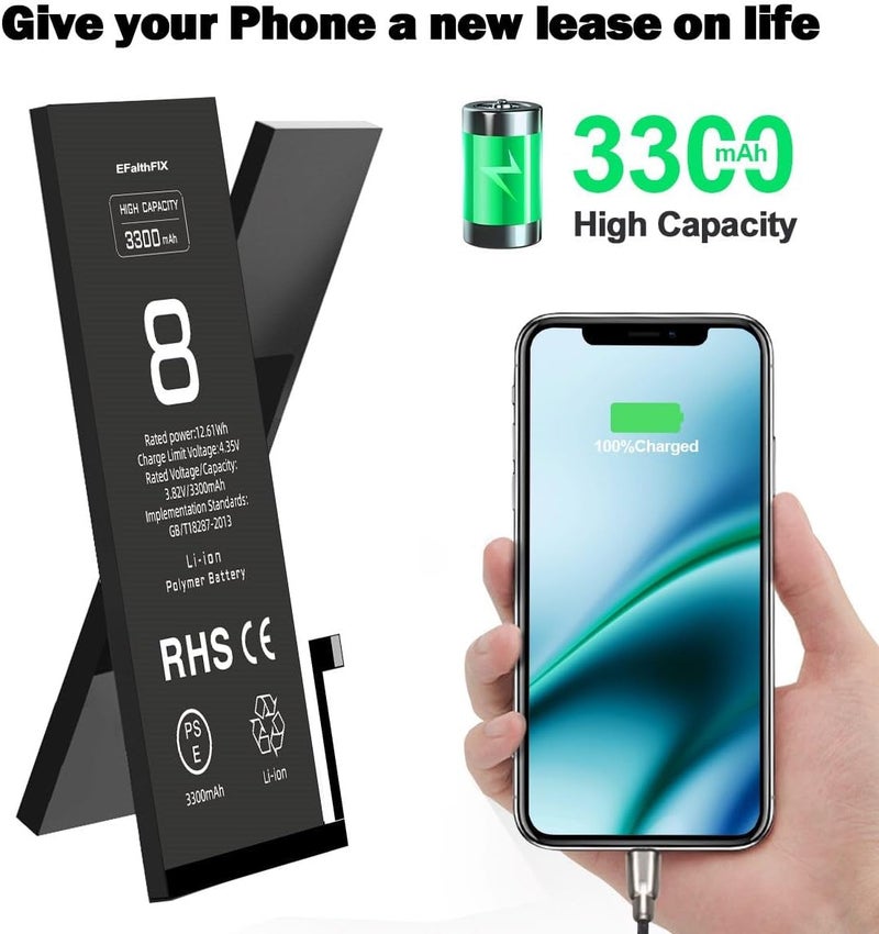 EFAITHFIX 3300mAh Upgraded Replacement Battery Compatible with iPhone 8, High Capacity New 0 Cycle A+ Battery Replacement for iPhone 8G, for Model A1863, A1905, A1906 with Complete Repair Tool Kit - Image 4